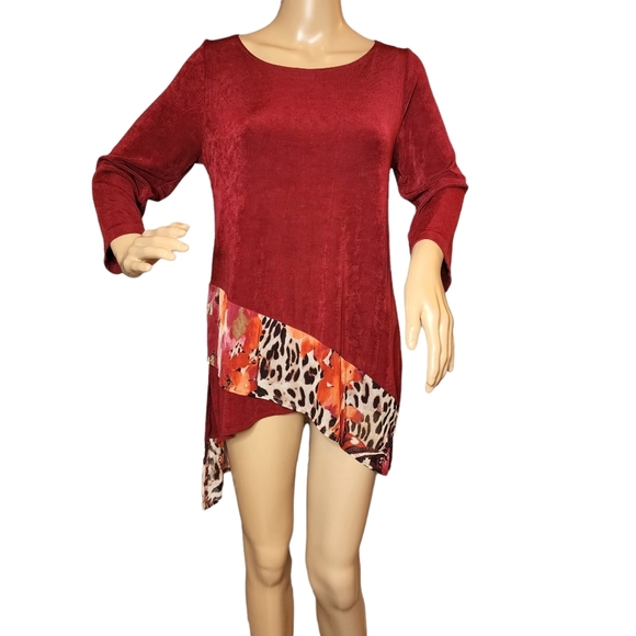 Chico's Travelers Slinky Stretchy Asymmetrical Red Tunic Leopard Floral Small - Picture 10 of 16